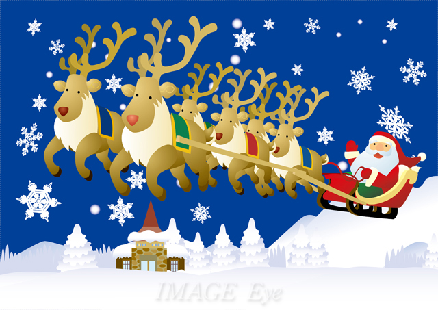 クリスマスプレゼントを配り、夜空を駆けるサンタクロースとトナカイ