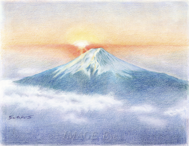絵画色鉛筆風景画『日の出の逆さ富士』原画 絵画色鉛筆風景画『日の出の逆さ富士』原画