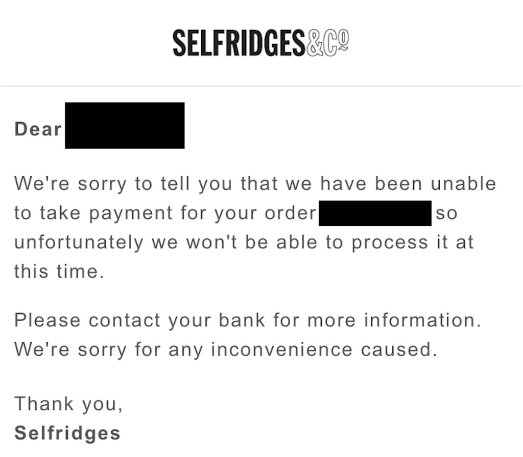 Selfridgesからの注文キャンセルメール