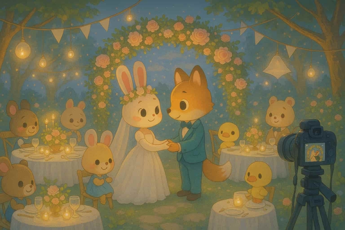 A dreamy wedding reception scene in a whimsical garden, soft pastel colors, glowing lights, romantic atmosphere, creative and artistic photo studio setup, fantasy game-inspired but no logos or trademarks, cinematic lighting, DSLR photo style, ultra high resolution 　　文字なし　生成　　次世代ポータブルゲーム的どうぶつたちの世界観で生成　　昼間のバージョン