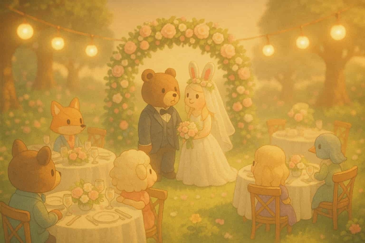 Stylized virtual wedding reception in a cozy game-like setting, with dreamy soft lighting, pastel colors, cute animal guests, and a couple posing under floral arches. Edited with trendy photo filters (like warm tones and blur effect), resembling popular Instagram aesthetics. No brands or logos, copyright-free composition, Discover-friendly layout.