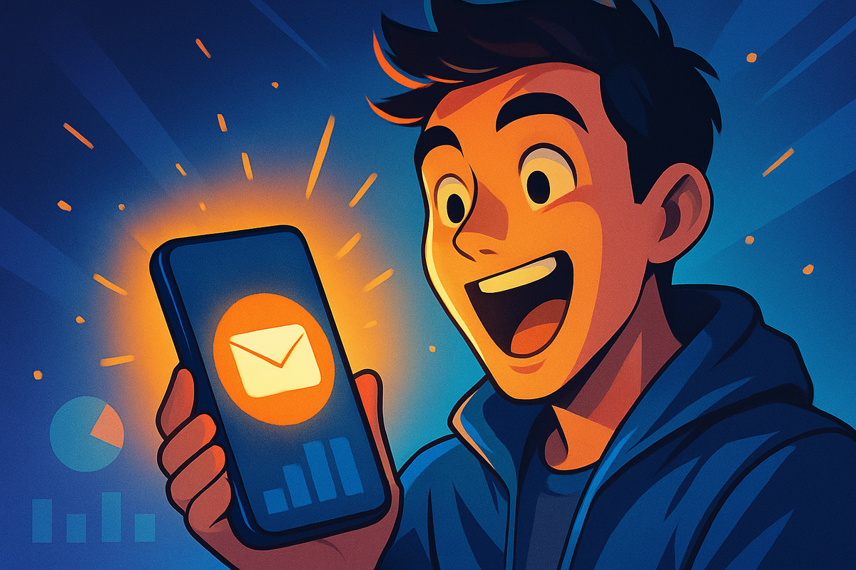 Excited young man discovering winning email notification on smartphone, surrounded by glowing statistics and graphs