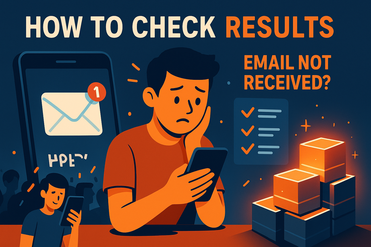 Worried person checking smartphone for lottery results email with message not received, illustrating how to confirm results online