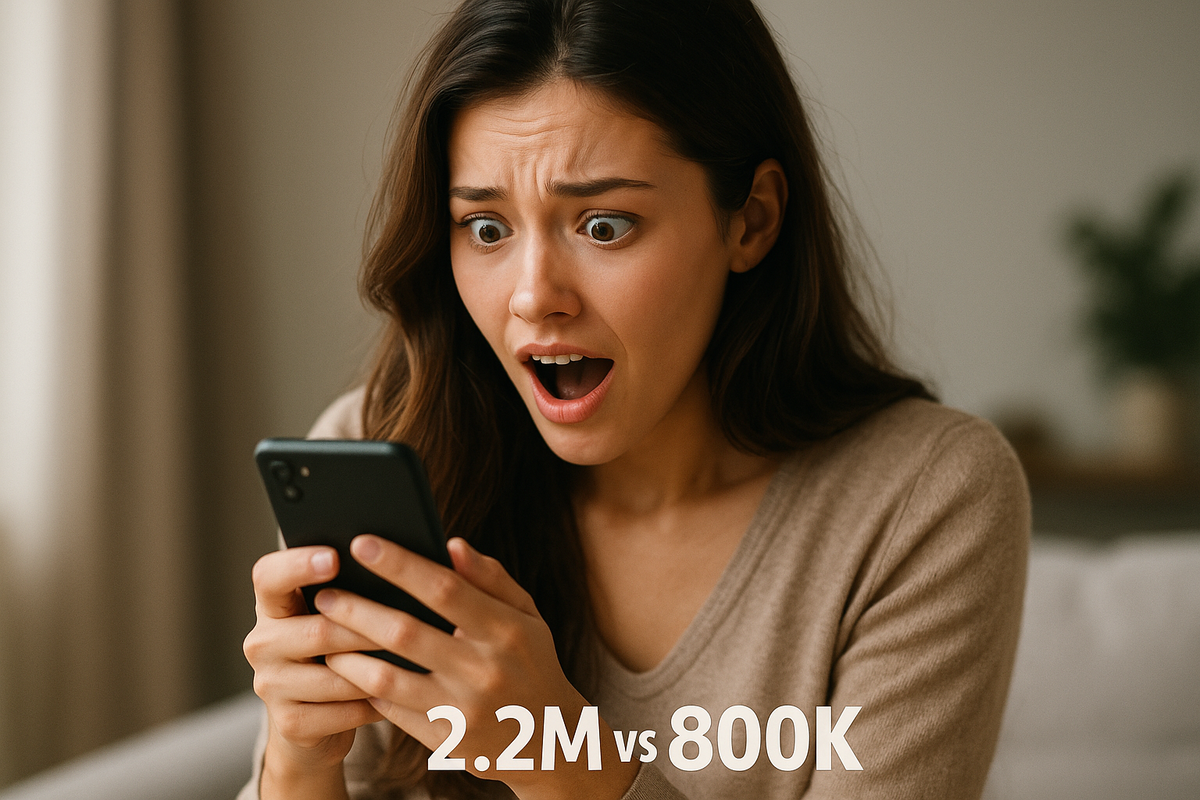 Shocked woman looking at smartphone, reacting to surprising lottery result, with bold text showing 2.2M vs 800K odds