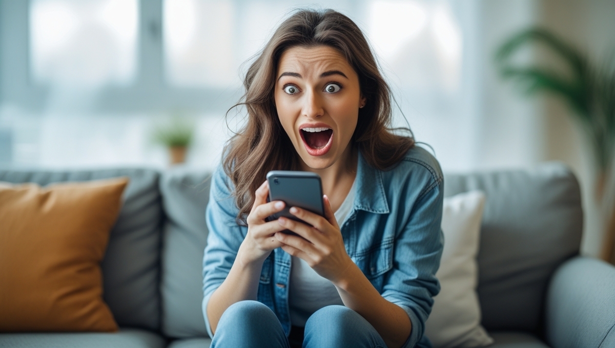 A young woman looking shocked while checking the Nintendo Switch 2 lottery results on her smartphone