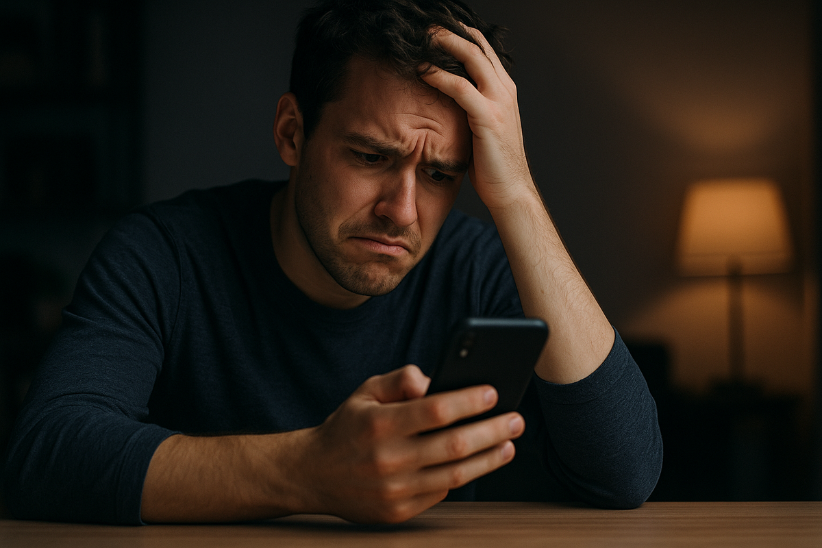 Man looking disappointed after checking Nintendo Switch 2 lottery results on his phone, sitting alone in a dimly lit room
