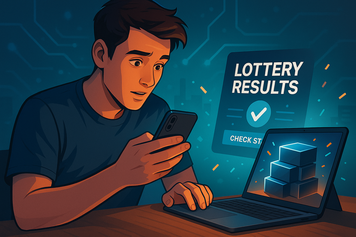 Illustration of a young man checking Nintendo Switch 2 lottery results on his phone and laptop, with a surprised expression and "lottery results" screen in the background