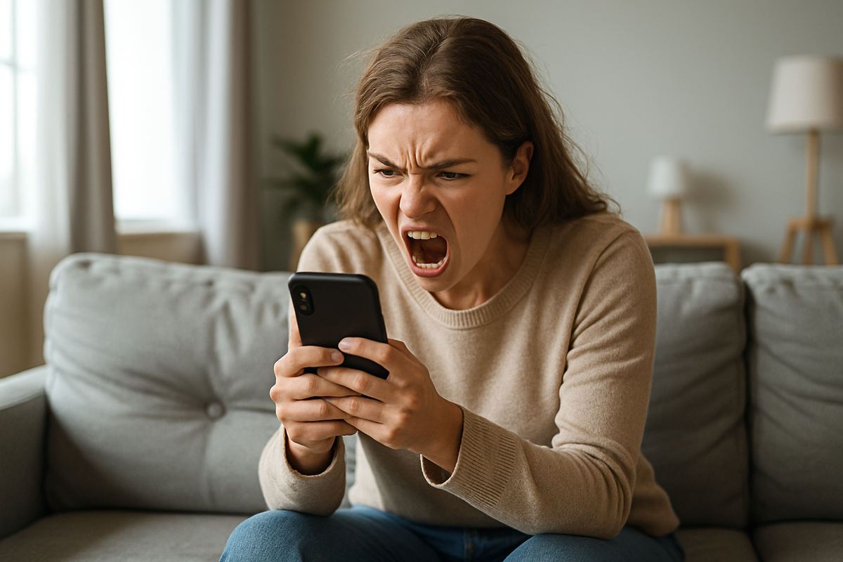 Frustrated woman yelling at her phone after losing the Nintendo Switch 2 lottery, sitting on a couch at home