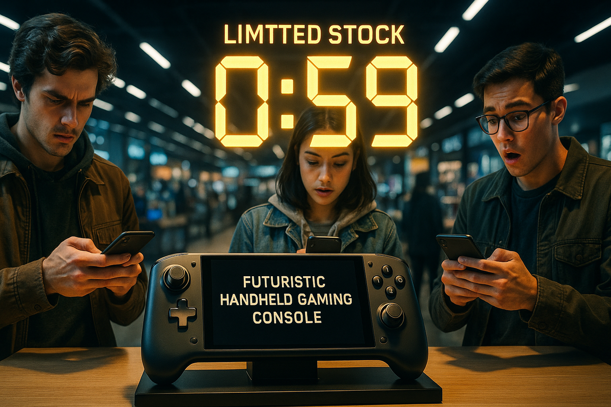 Urgent countdown at 0:59 displayed above a futuristic handheld gaming console as three young adults anxiously try to purchase it on their smartphones. A surprise guerrilla drop creates panic and excitement in a tech store setting.