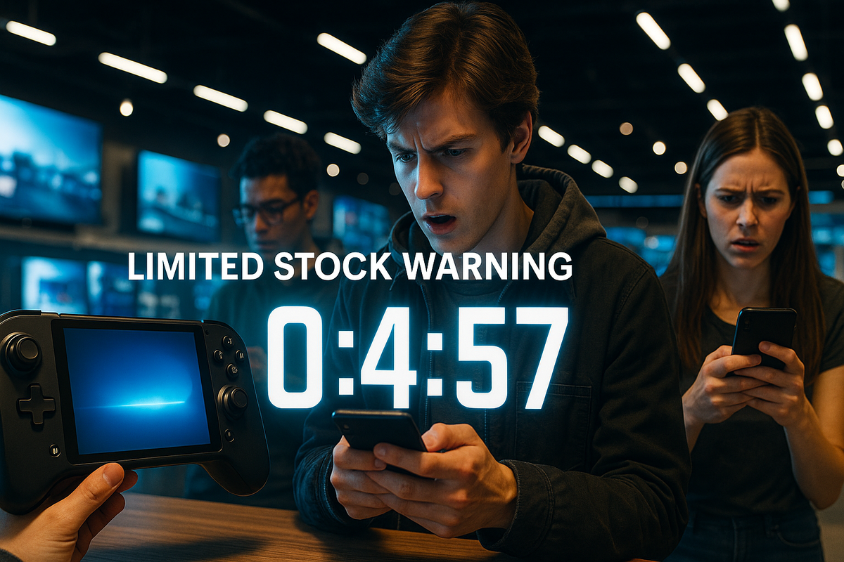 Limited stock warning flashes with a timer at 0:4:57 as shocked customers scramble to buy a newly dropped gaming console during a surprise flash sale. Tension and urgency fill the electronics store.