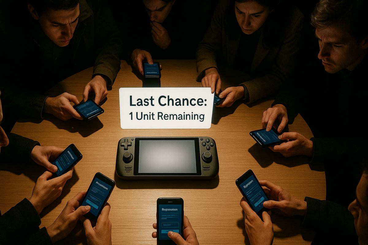 A group of people urgently registering on their phones for the last remaining gaming console, with a glowing sign reading 'Last Chance: 1 Unit Remaining