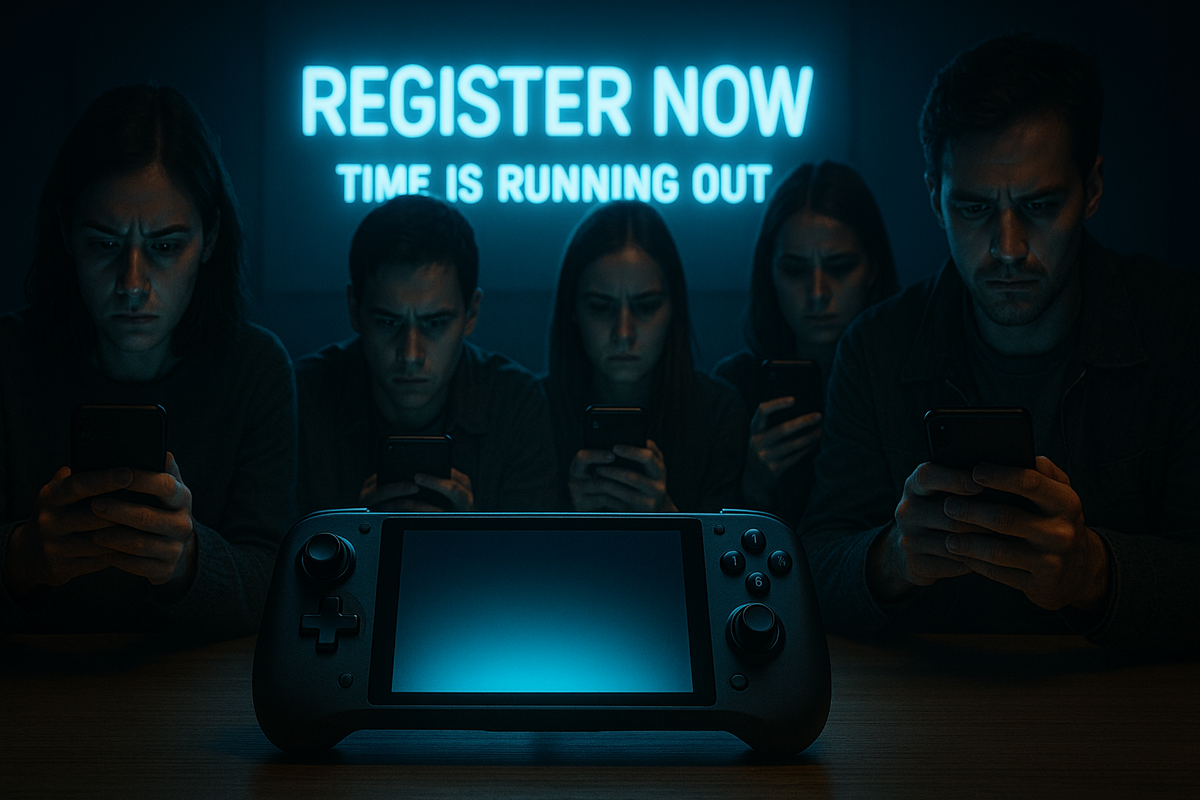 Five focused individuals staring at their phones under a glowing 'REGISTER NOW – TIME IS RUNNING OUT' sign, with a handheld gaming console on the table in front of them.