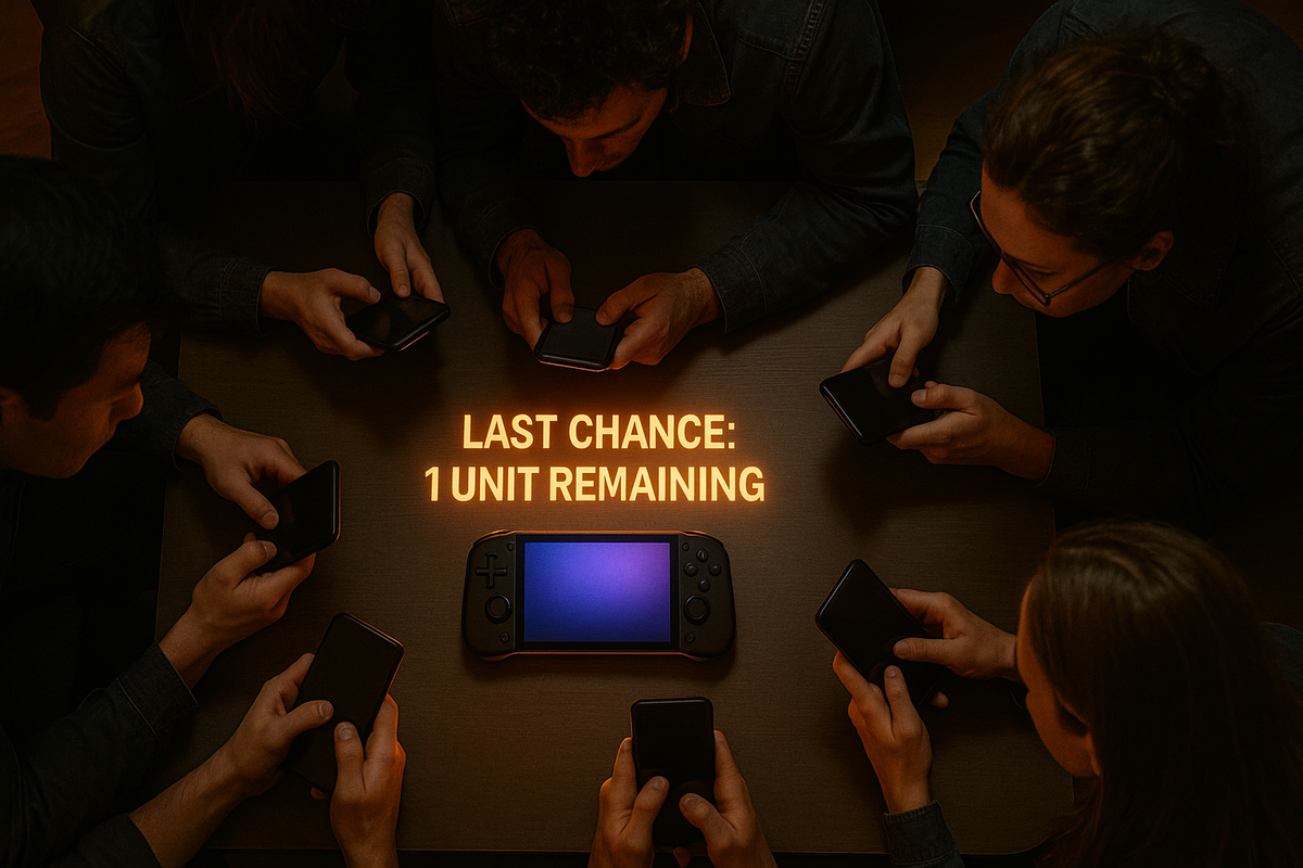 Top-down view of multiple people urgently using their smartphones around a glowing handheld gaming console, with a bright message reading 'LAST CHANCE: 1 UNIT REMAINING' in the center.