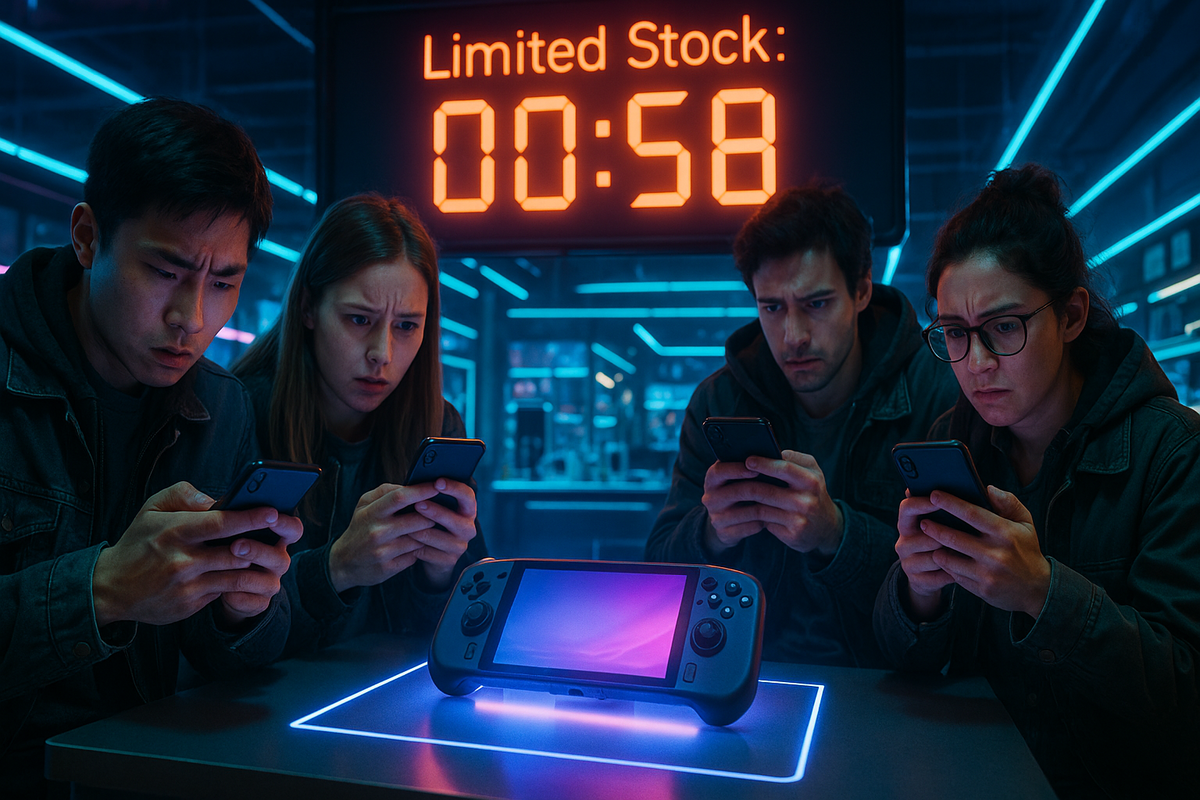 Four focused individuals intensely using their smartphones in a futuristic store setting, with a handheld gaming console on display and a large countdown timer reading 'Limited Stock: 00:58' glowing in red above them.