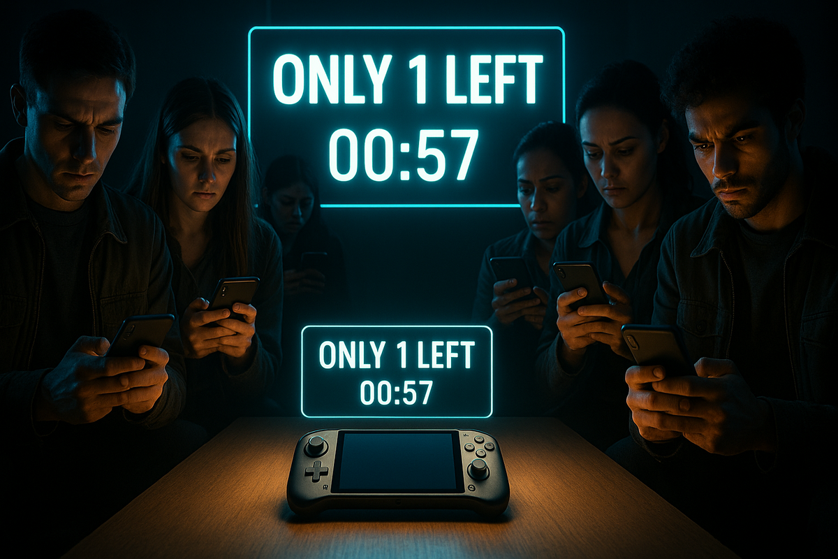 A group of intensely focused people looking at their smartphones, seated around a handheld gaming console on a table, with glowing neon text above them that reads "ONLY 1 LEFT 00:57", conveying urgency and limited availability.
