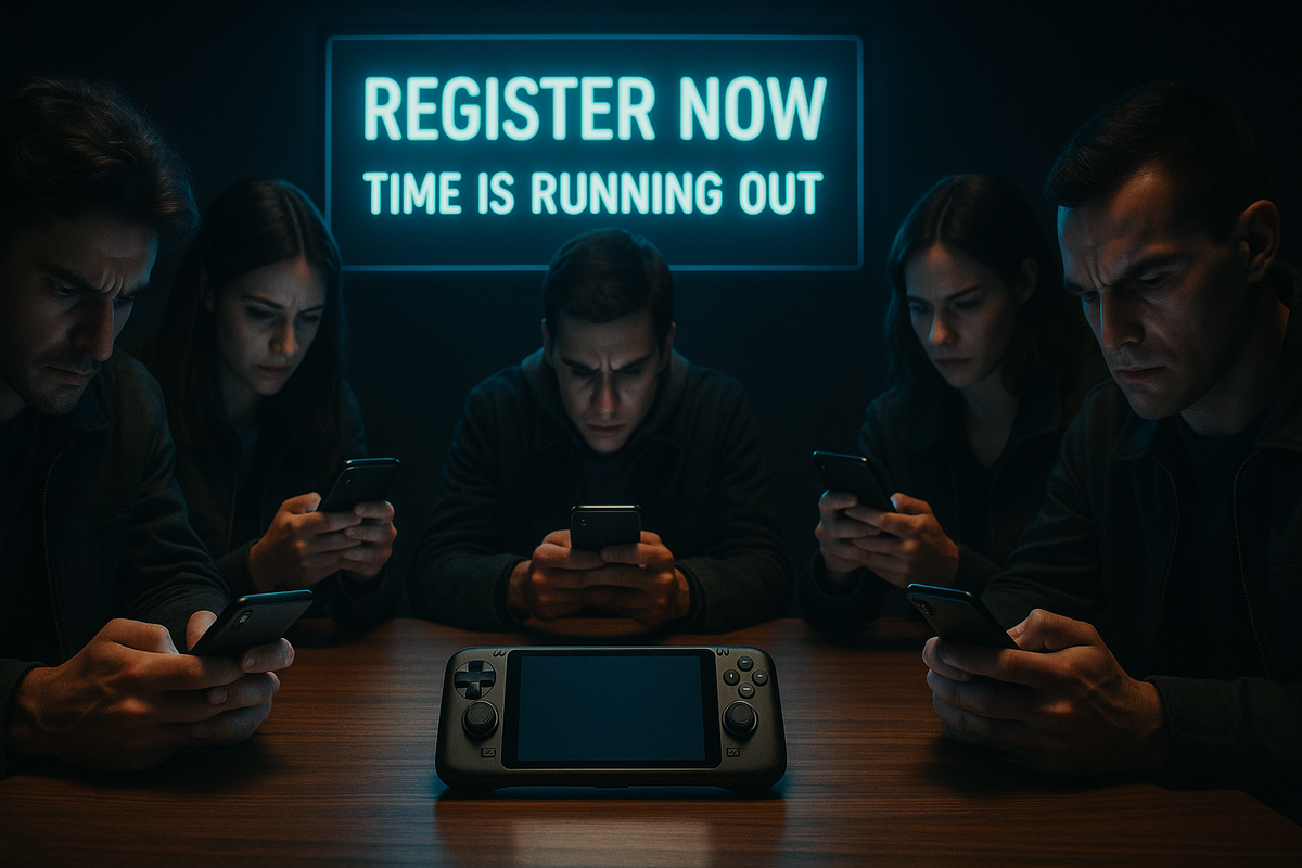 A group of focused individuals intensely staring at their smartphones, illuminated by a glowing sign that says "REGISTER NOW – TIME IS RUNNING OUT", with a handheld gaming console placed at the center of the table.