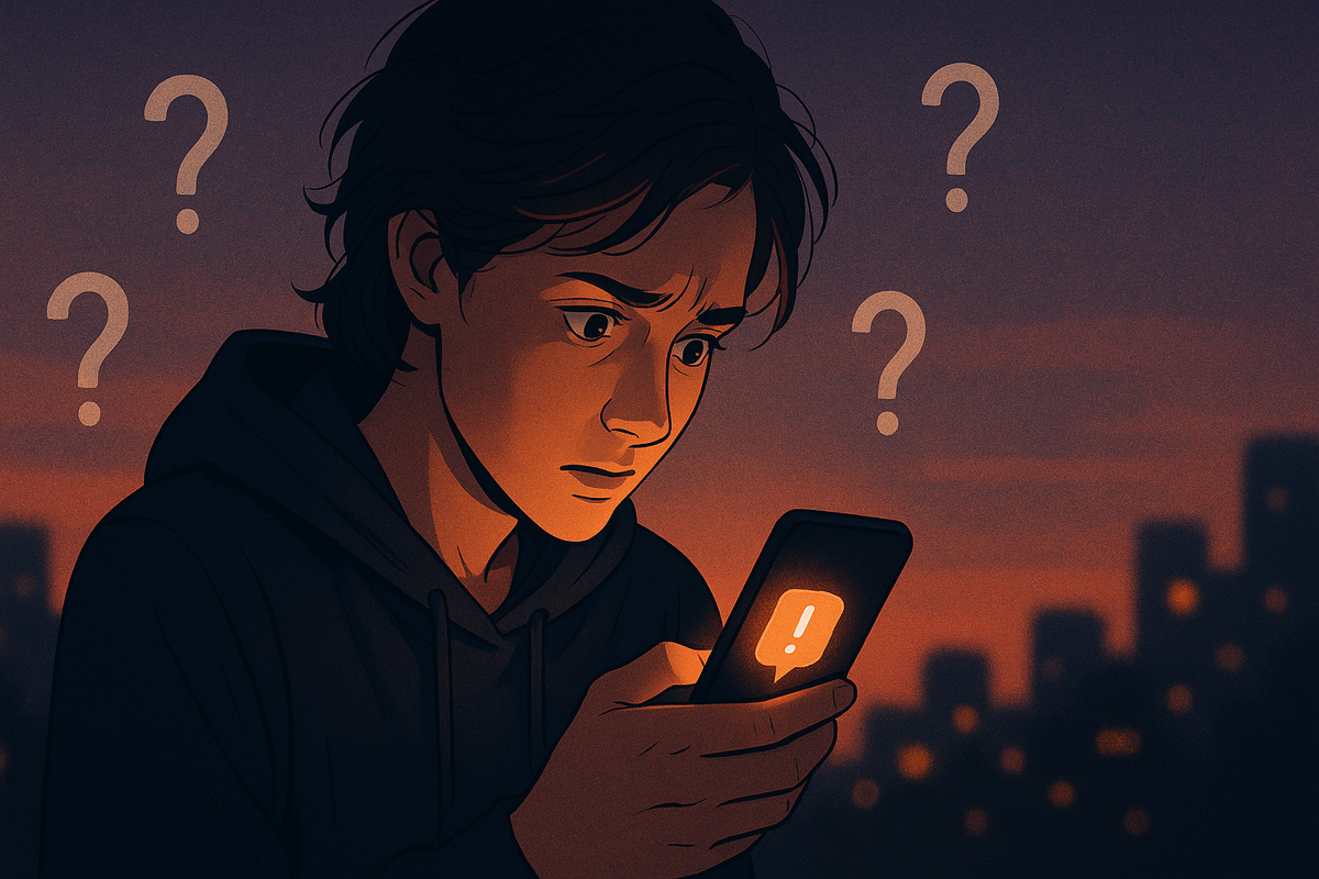 A young person staring anxiously at a smartphone screen, surrounded by question marks, against a dark city skyline at sunset