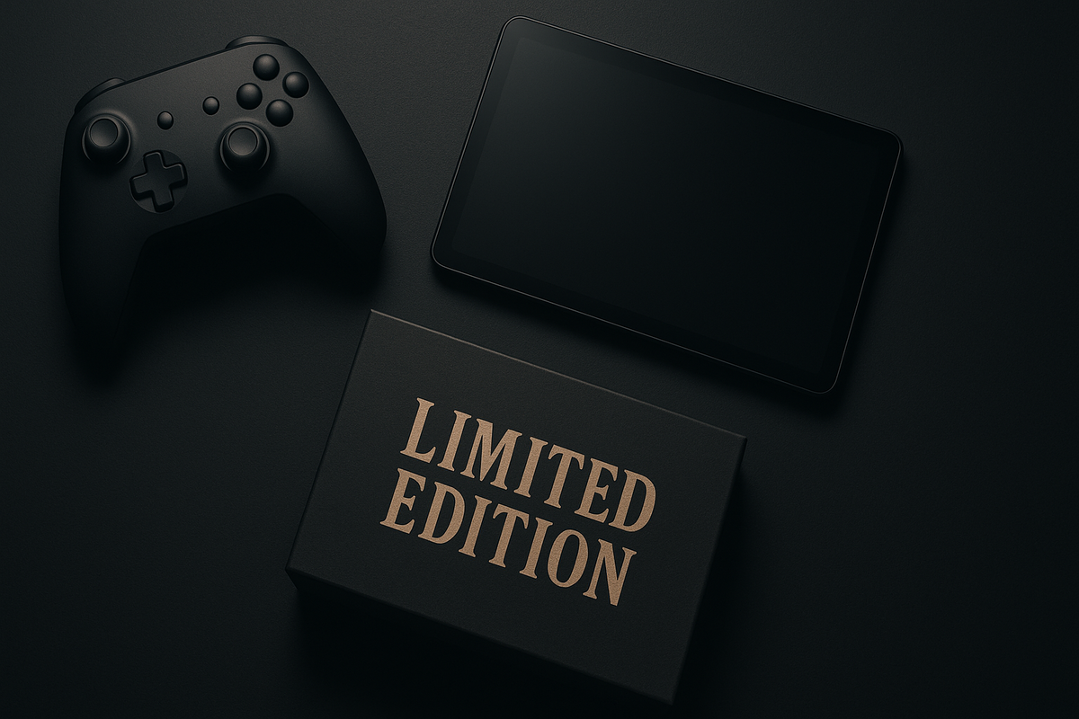 Black game controller, tablet, and a box with "LIMITED EDITION" text on a dark background — representing a premium gaming product.