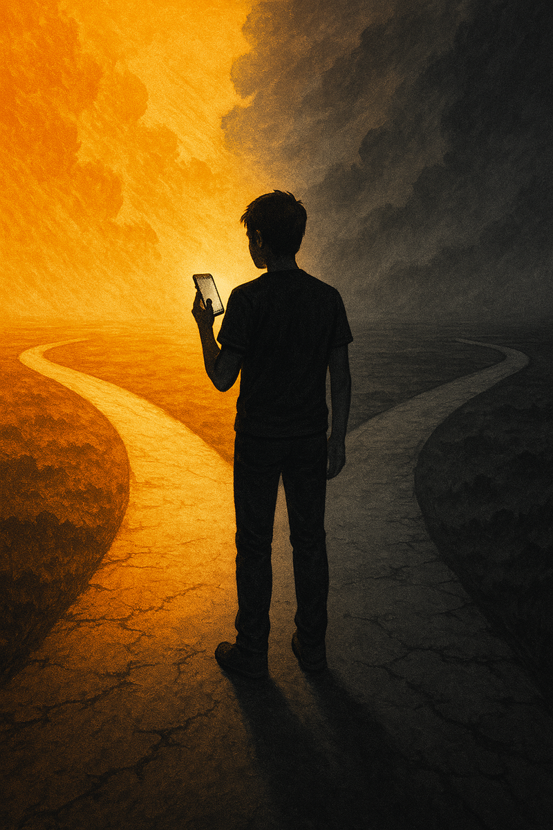 A person standing at a crossroads, holding a smartphone glowing in the dark, symbolizing a critical moment of decision—hope or disappointment.