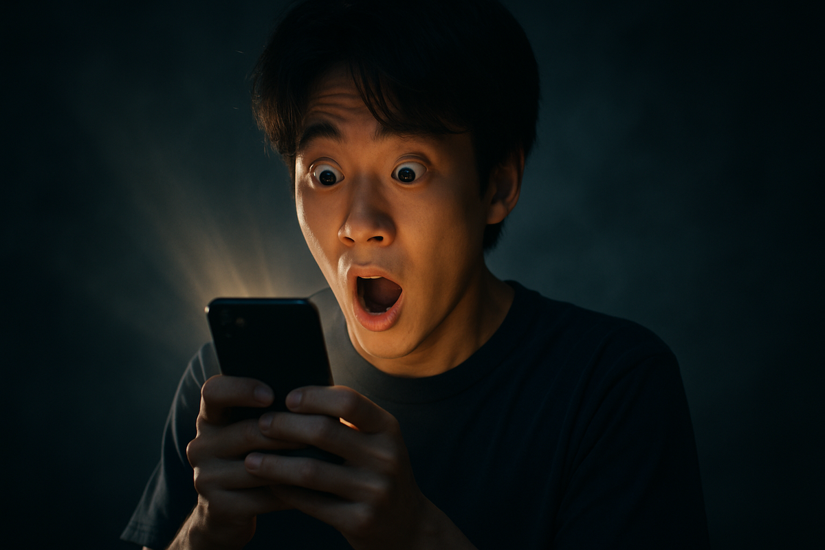A surprised young man looking at his smartphone screen glowing in the dark, reacting with shock and excitement to unexpected news or results.