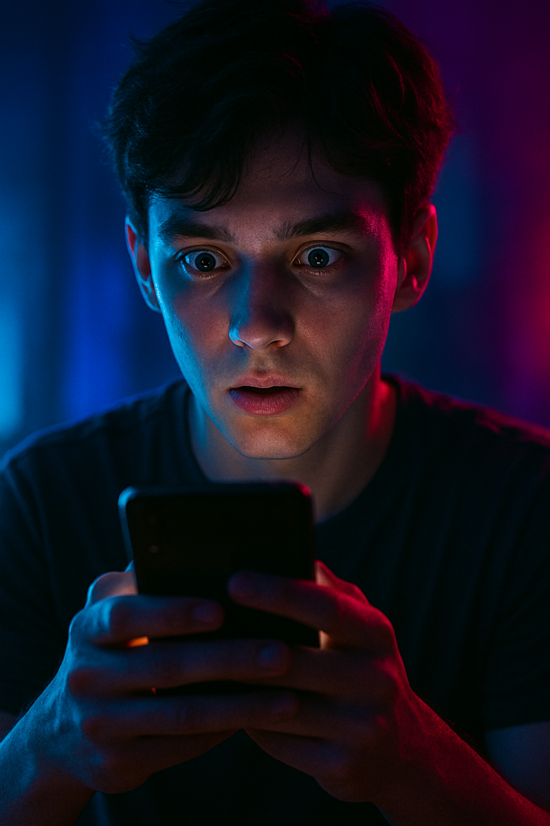 Shocked young man staring at his smartphone screen in dramatic blue and red lighting, holding the device tightly.