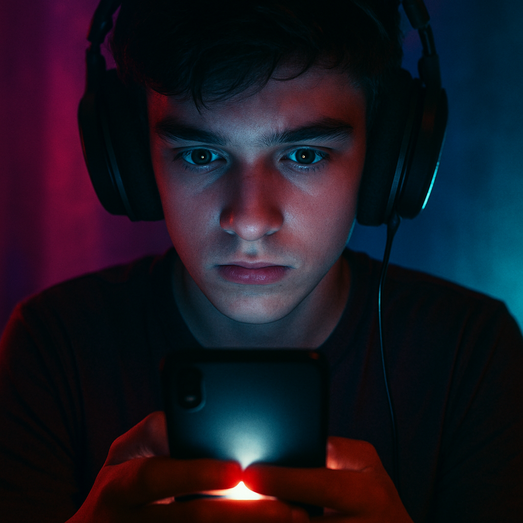 Teen gamer with headphones staring seriously at his glowing phone screen, surrounded by red and blue lights