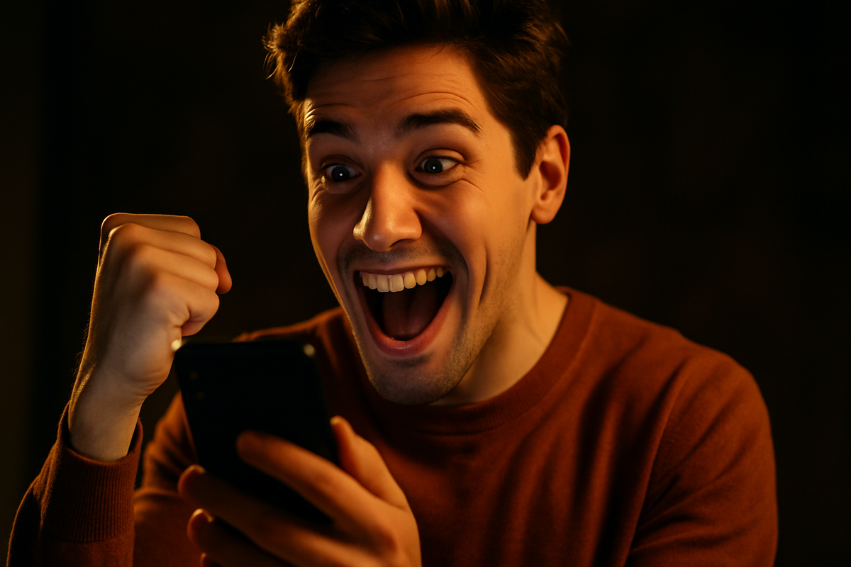 Excited man celebrating after receiving great news on his smartphone, smiling with fist pump in warm lighting