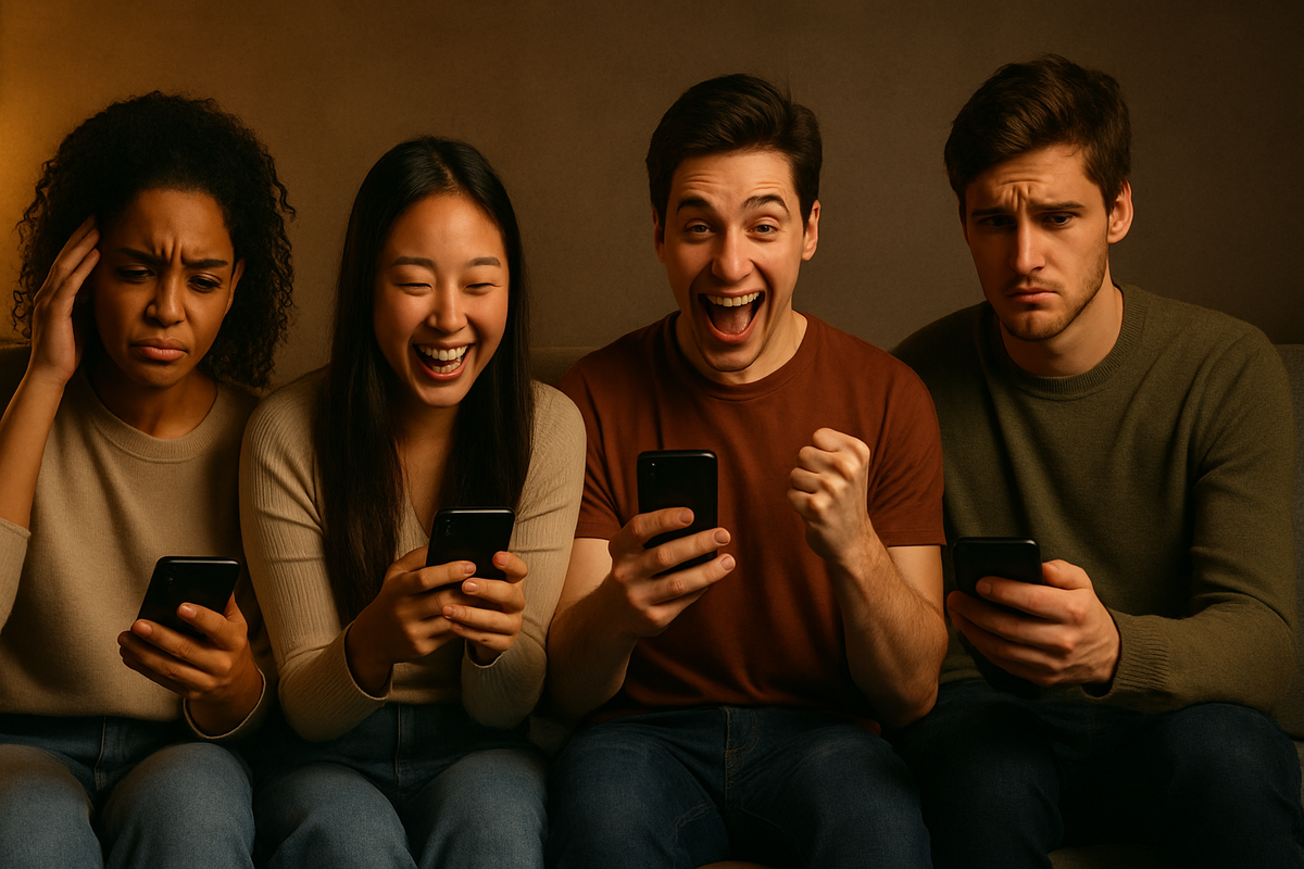 Four diverse friends reacting to smartphone lottery results, showing excitement, joy, disappointment, and frustration while sitting together on a couch"
