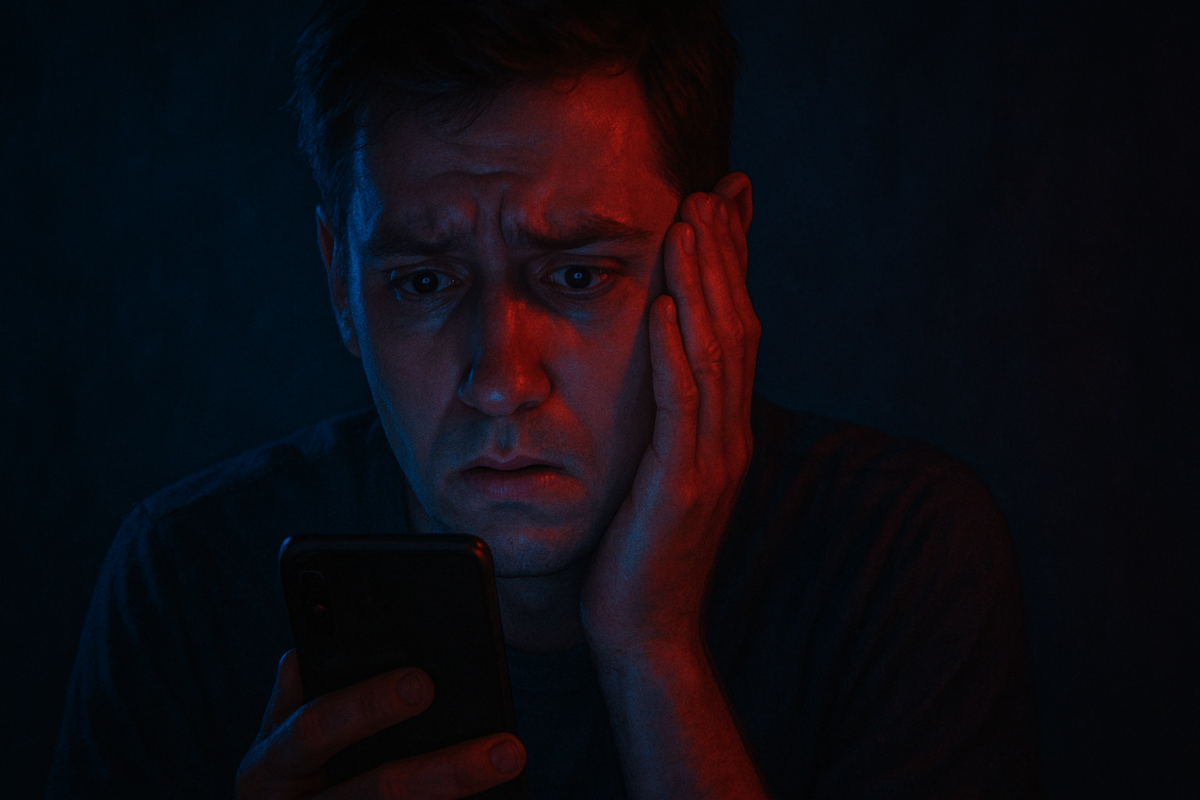 衝撃的なスマホの通知に驚き、顔を手で押さえる男性