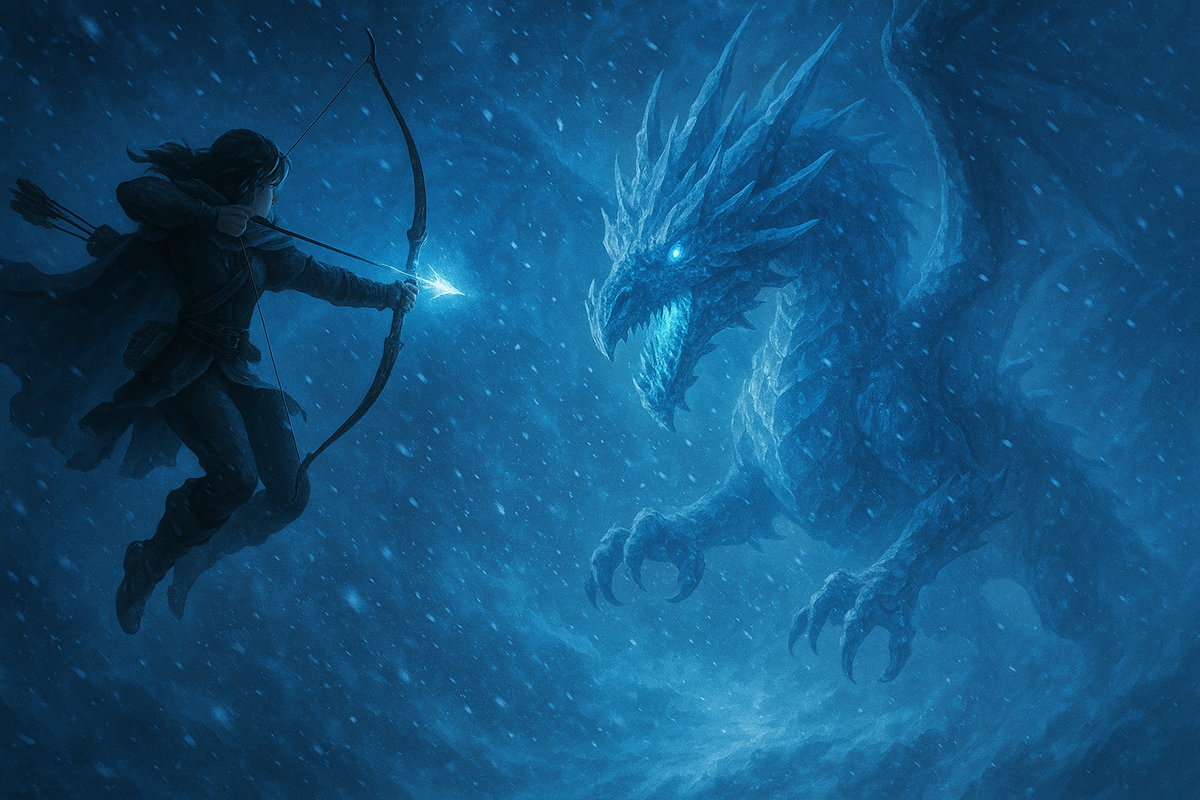 吹雪の中で弓を構える戦士と、青く輝く氷のドラゴンが対峙する緊迫したシーン。光る矢が今にも放たれそうな瞬間を捉えている