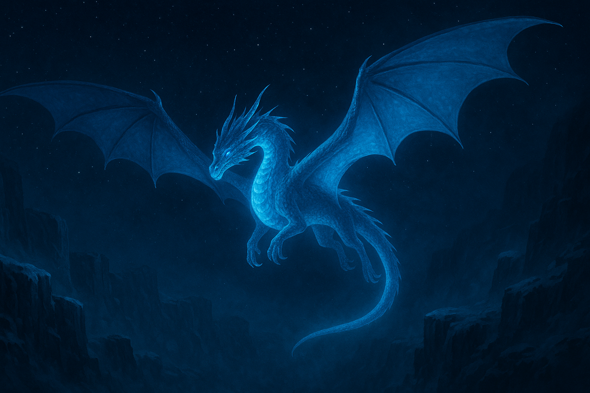青く輝く幻想的なドラゴンが夜の峡谷上空を飛翔しているシーン。冷気を纏った神秘的な姿が印象的