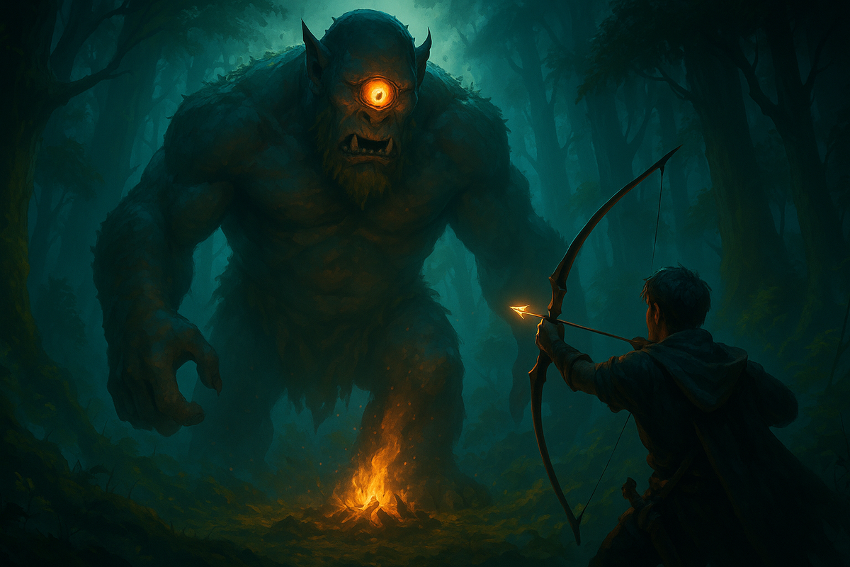 A lone archer aims a glowing arrow at a towering one-eyed monster in a dark enchanted forest, moments before an epic battle.