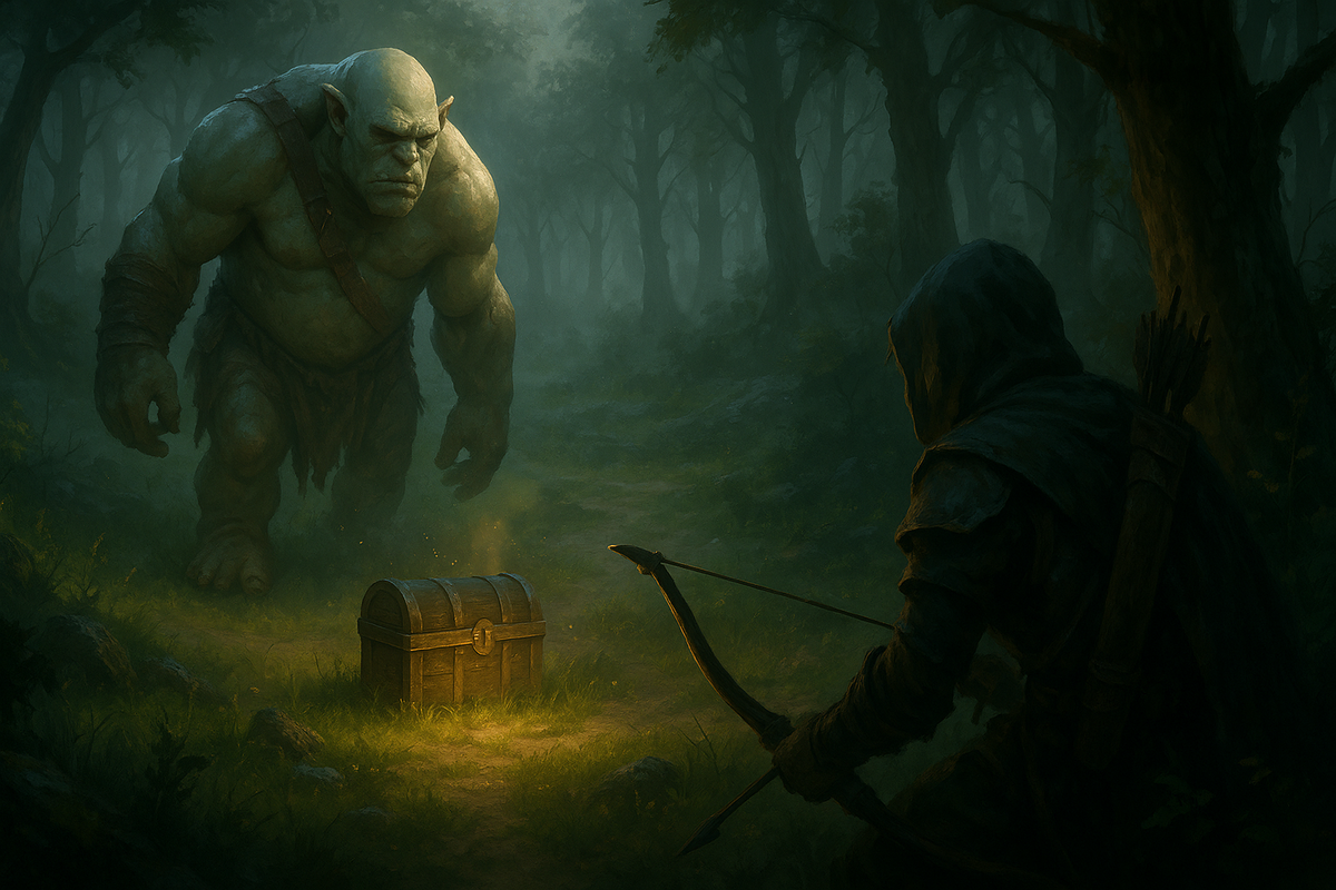 A hooded archer aims at a glowing treasure chest while a towering ogre approaches through a dark enchanted forest.