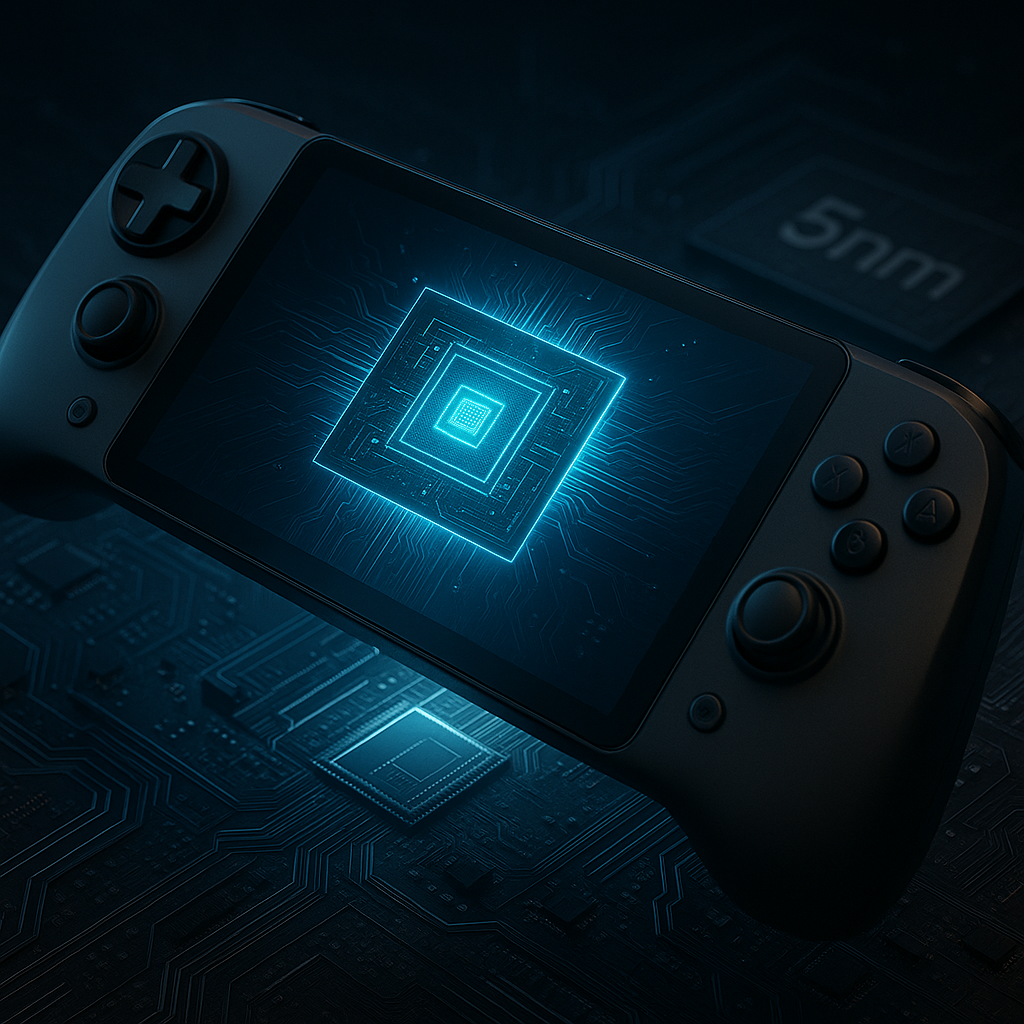 次世代ゲーム機Switch2に搭載予定と噂される5nm高性能チップのイメージ画像。ポータブル端末の画面に発光するプロセッサーが表示され、処理性能の進化を象徴するビジュアル。