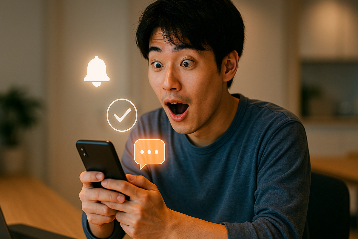 Switch2抽選に当選したことを知り、スマホを見て驚く男性。ゲオアプリの通知を受け取る瞬間