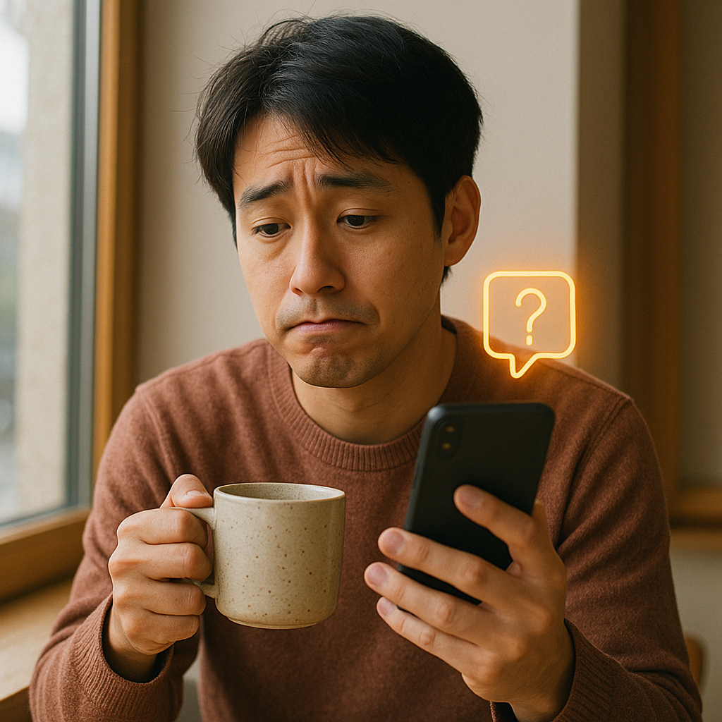 ゲオのSwitch2抽選結果に困惑する男性。スマホを見つめながら当選発表を気にしている様子