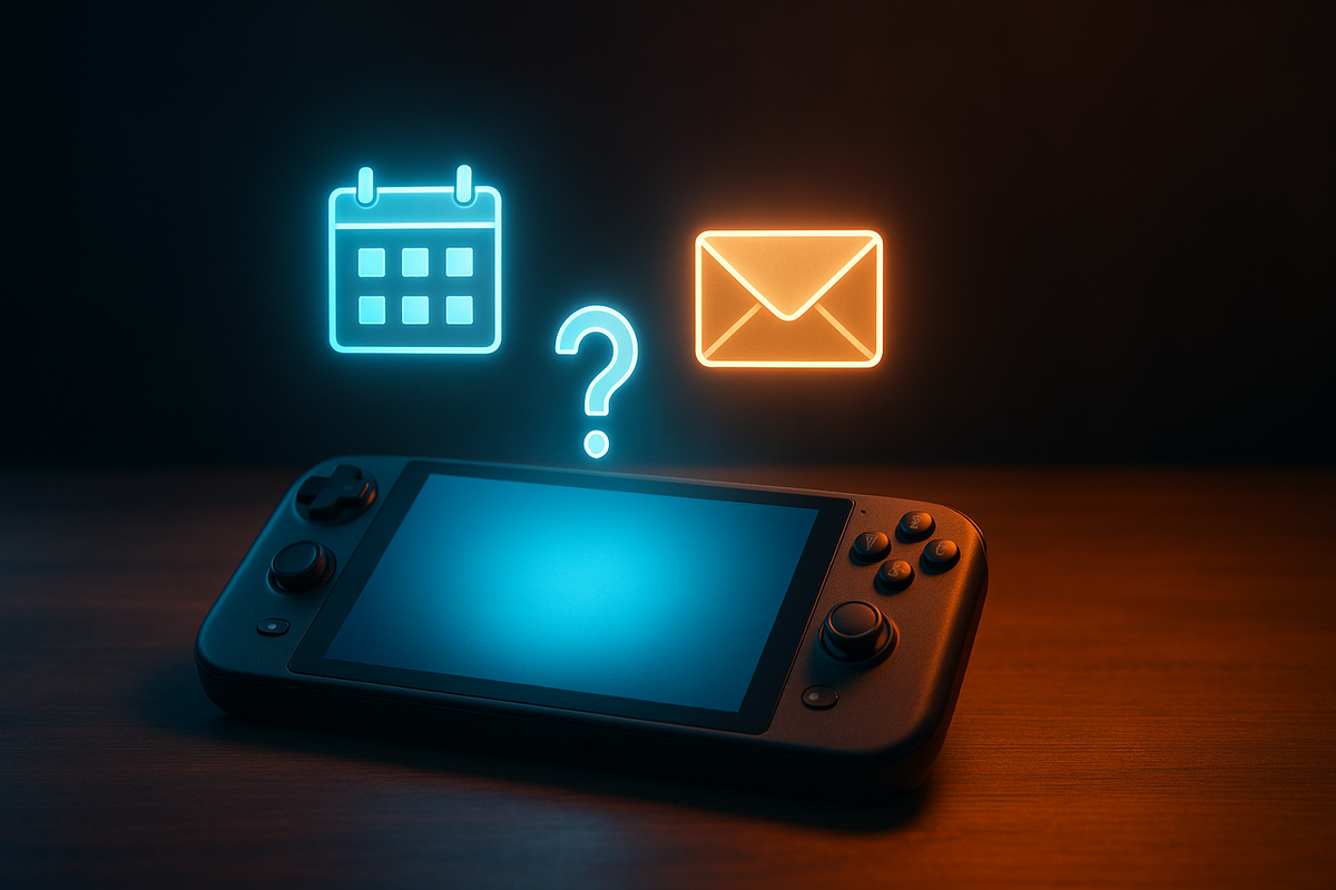 ゲーム機の前にカレンダーとメールのアイコン、中央に疑問符が浮かぶイメージ。抽選結果の発表日や通知に関する不安を表現