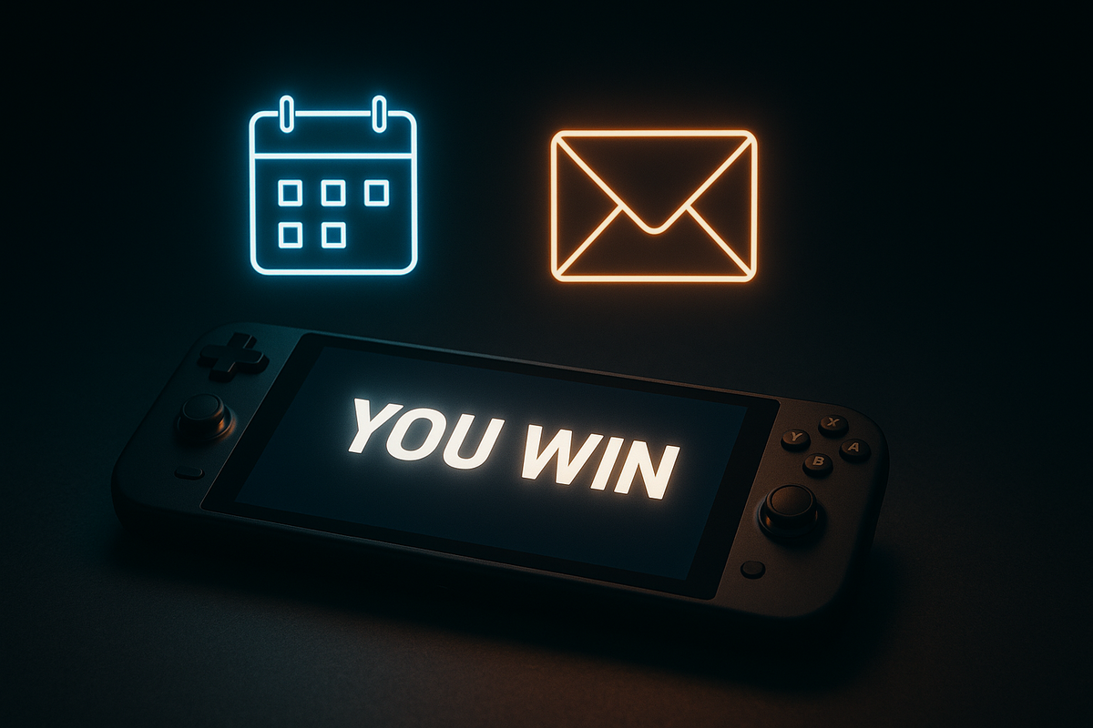 携帯型ゲーム機の画面に「YOU WIN」と表示され、上部に当選通知を連想させるカレンダーと封筒アイコンが光るイメージ。Switch2の抽選当選を表現。