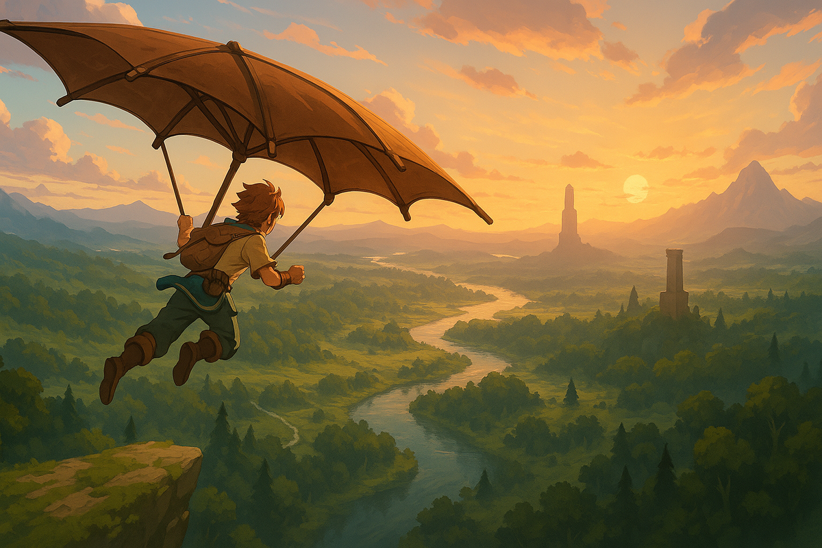 ゲーム風ファンタジー世界をパラセールで滑空する冒険者の少年、夕暮れの大自然と塔が見える幻想的な風景