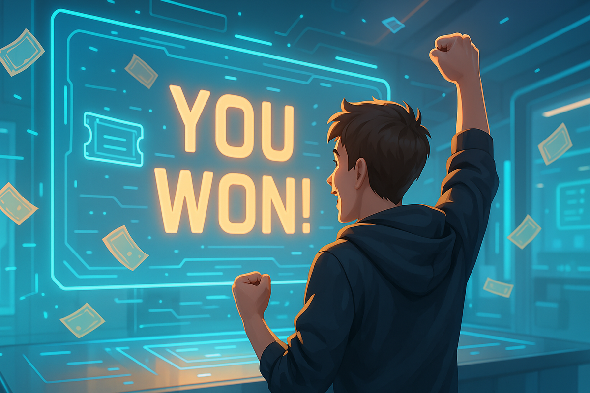Amazon招待リクエストで当選通知を喜ぶ男性、デジタル画面に“YOU WON”の表示