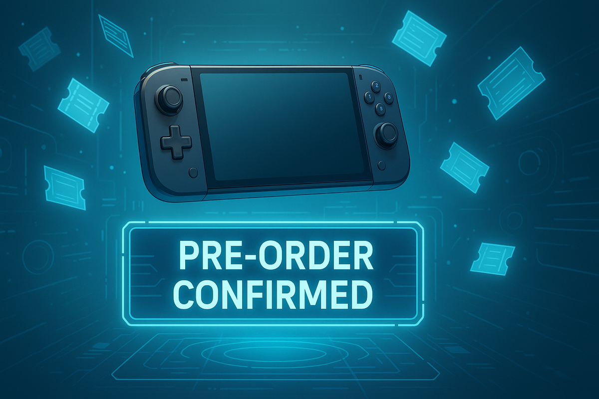 ゲーム機の予約が完了し、「PRE-ORDER CONFIRMED」と表示された画面にガジェットが浮かぶイメージ