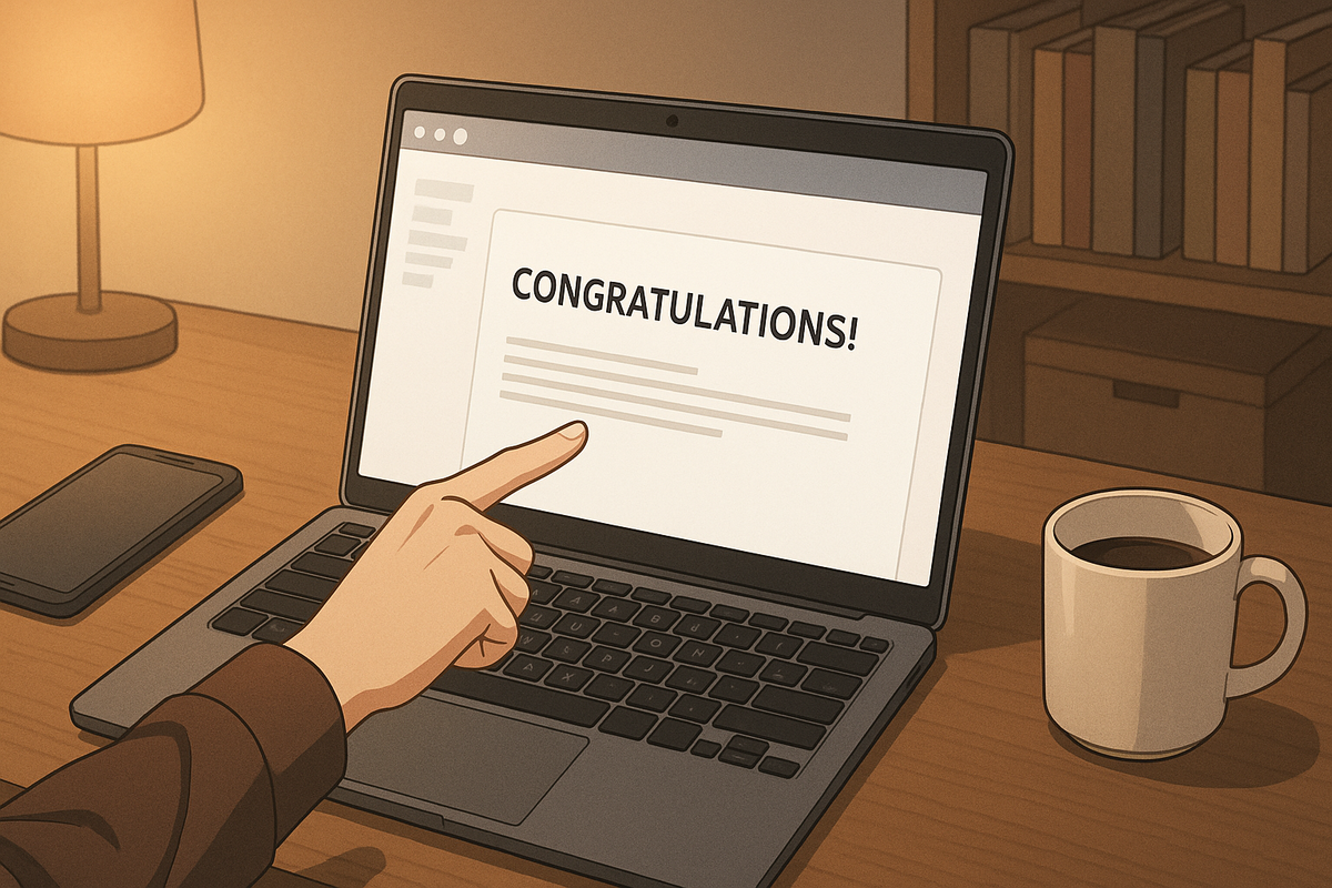 ノートパソコンの画面に表示された『CONGRATULATIONS!』の文字を指差す人物。Switch2抽選の当選メールを受け取ったシーンをイメージしたイラスト