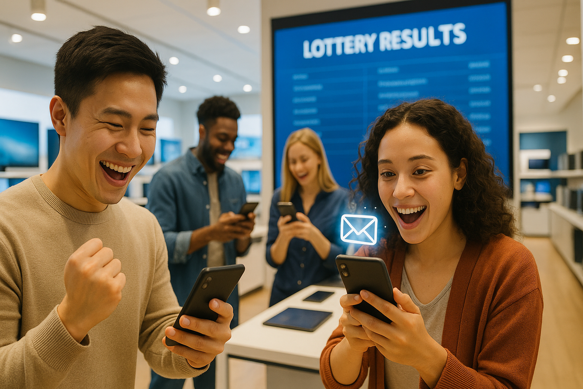 スマートフォンに抽選結果の通知が届き、喜ぶ若者たち。背景のモニターには『LOTTERY RESULTS』と表示されている