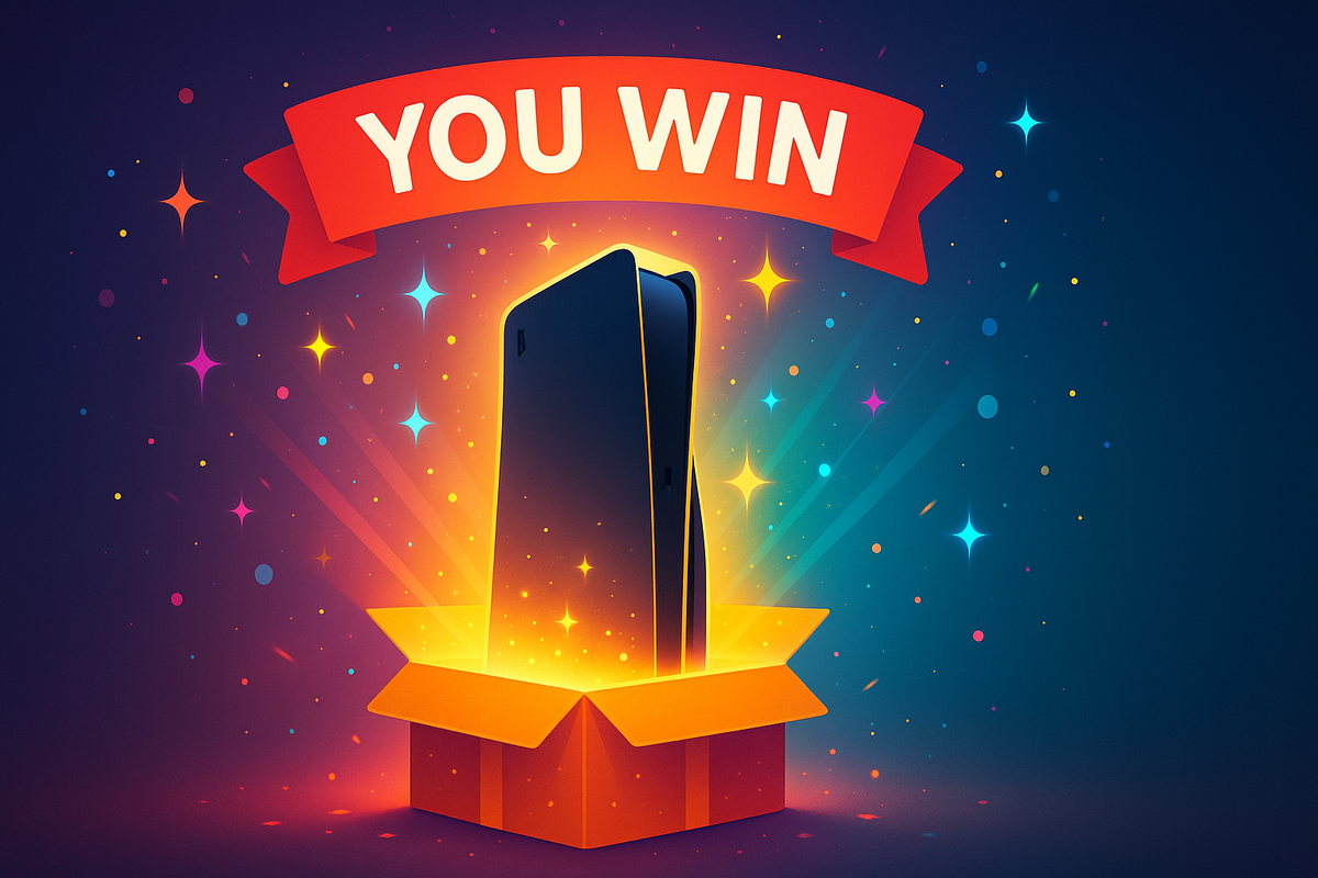 「当選を知らせる『YOU WIN』のリボンの下で、ギフトボックスから輝くゲーム機が登場するイラスト