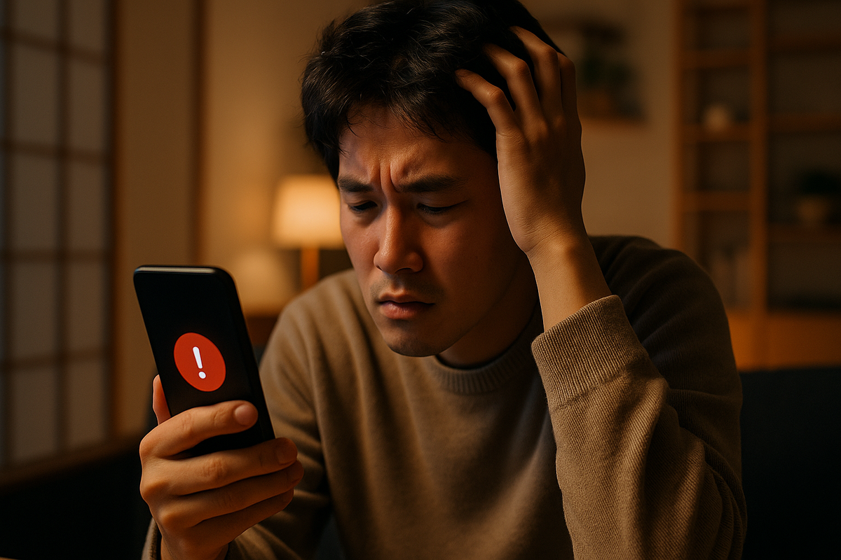 スマホ画面の警告を見て困惑する男性。通知を見落としてSwitch2抽選に気づかなかった場面のイメージ