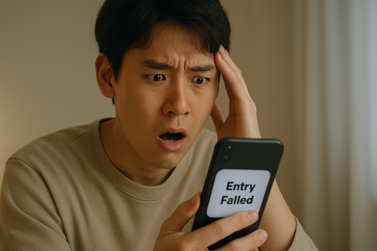 スマートフォンを見つめ、「Entry Failed」というメッセージに衝撃を受け、後悔と不信を表現している男性。
