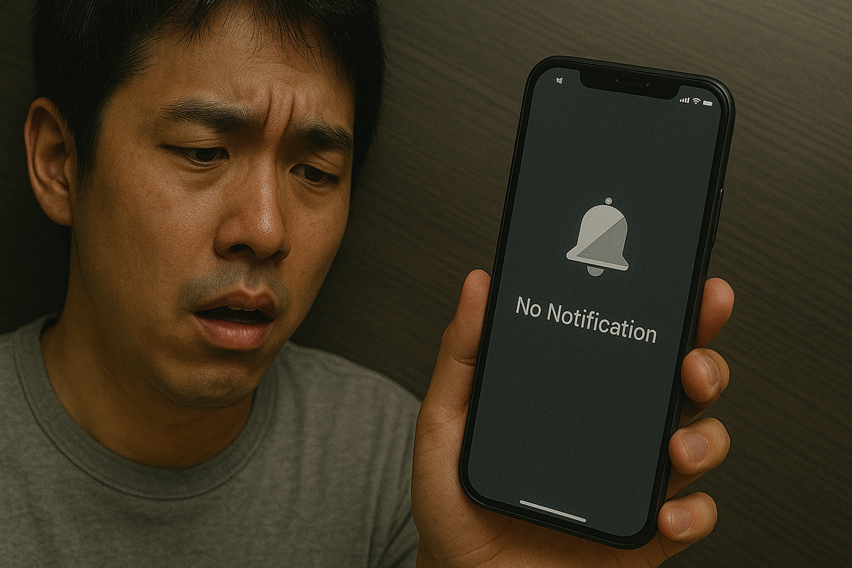 スマートフォンの通知画面に『No Notification（通知なし）』と表示されているのを見て、驚いた表情を浮かべる男性