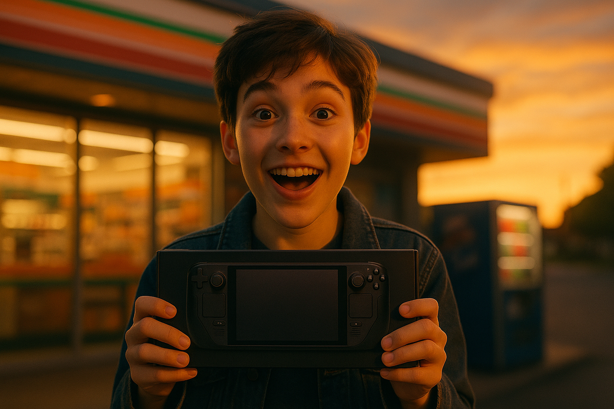 スイッチ2が当選して大喜びする少年。夕方の店舗前でゲーム機を手に笑顔を見せる様子。