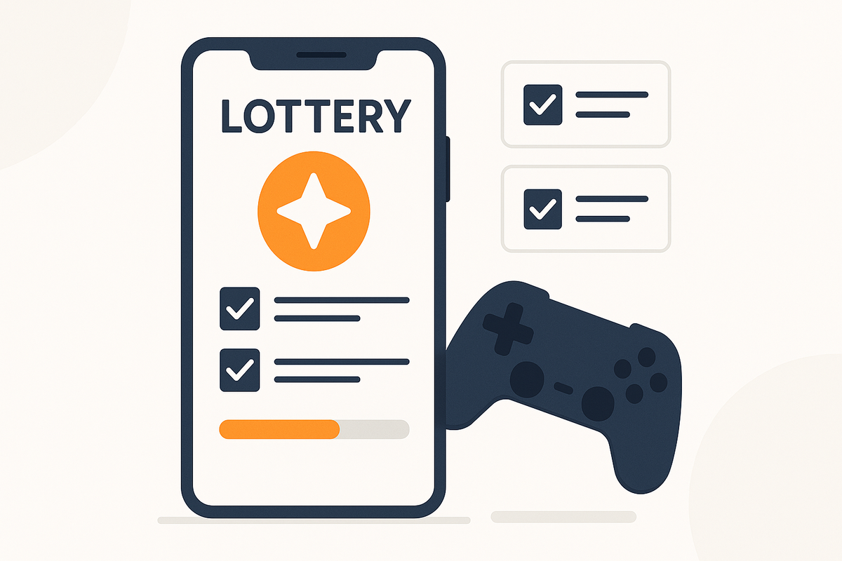 スマホで抽選番号を確認する様子と、チェックリスト・ゲームコントローラーのイラスト。
