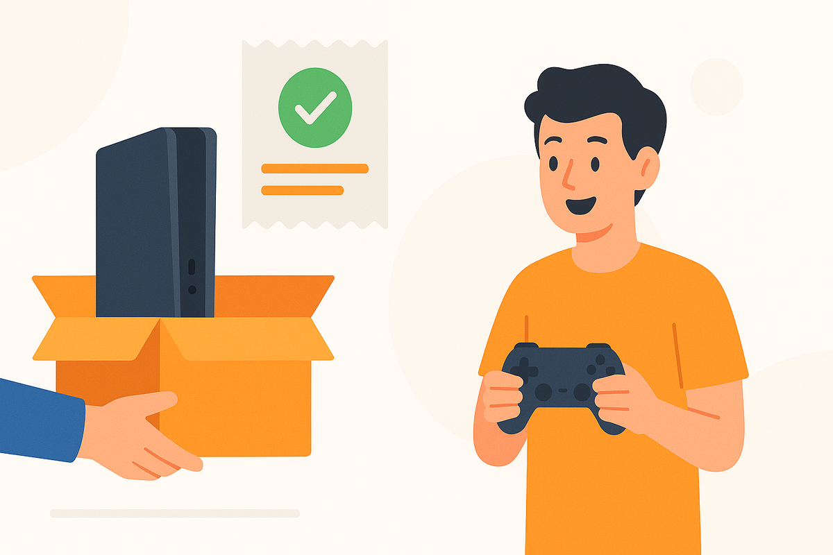 ゲーム機本体が箱から出され、若者がゲームパッドを手に喜ぶ様子。抽選に当選して商品を受け取った瞬間を表現。